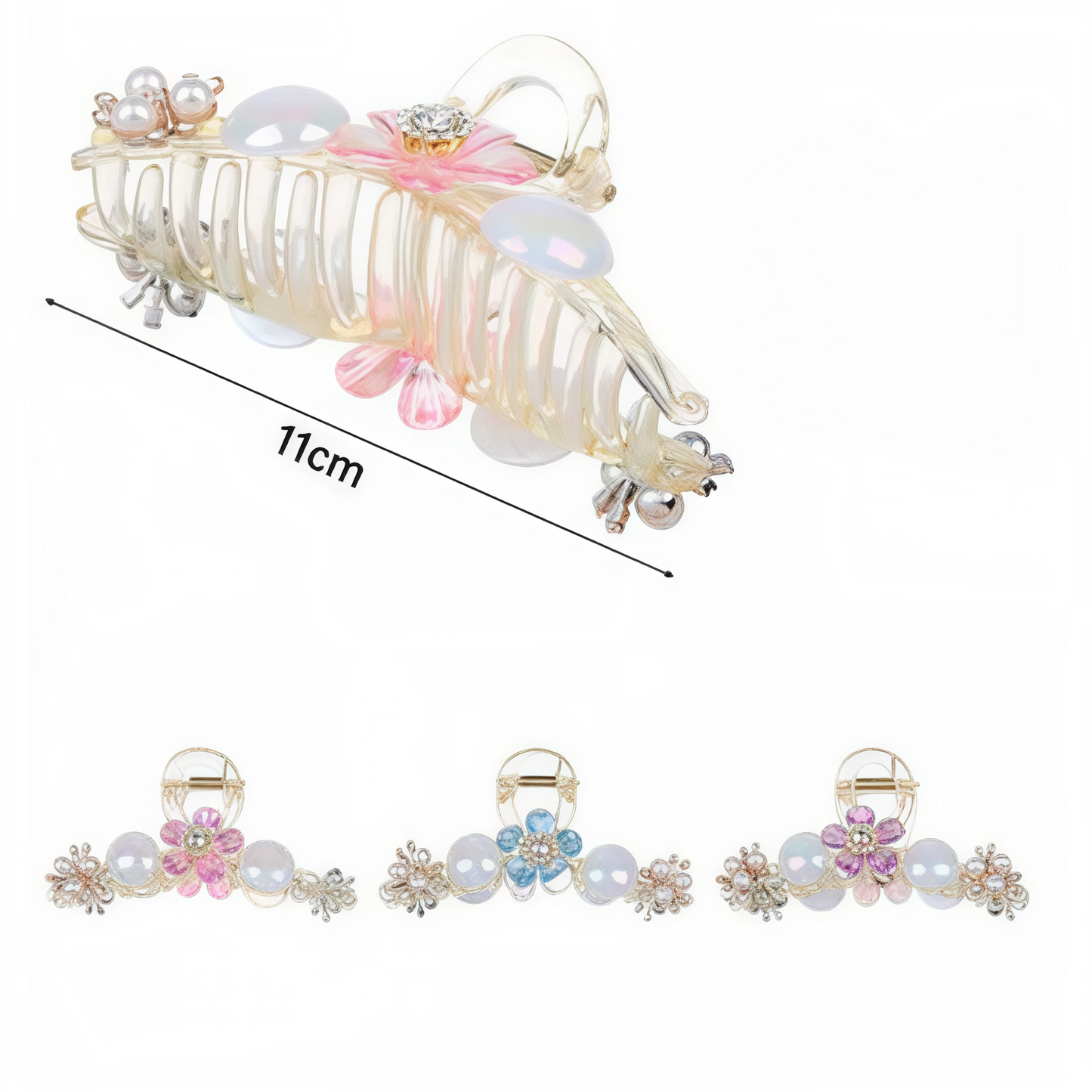 Pinza para Cabello Grande con Perlas y Flores | Broche Elegante Colores Variados