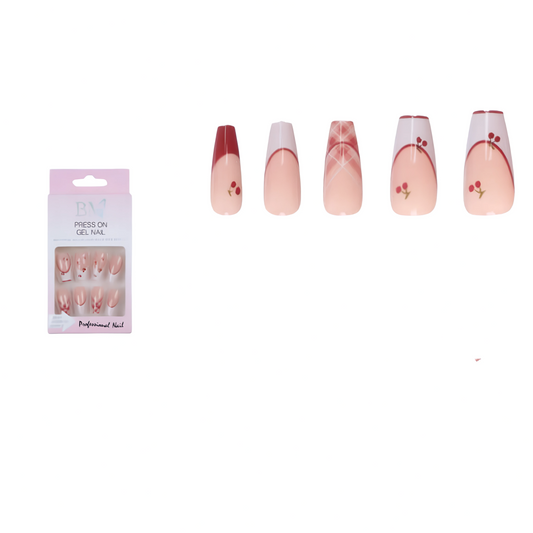 Set de Uñas Postizas Cuadradas con Diseño de Cereza y Estampados Rosados Colores Variados