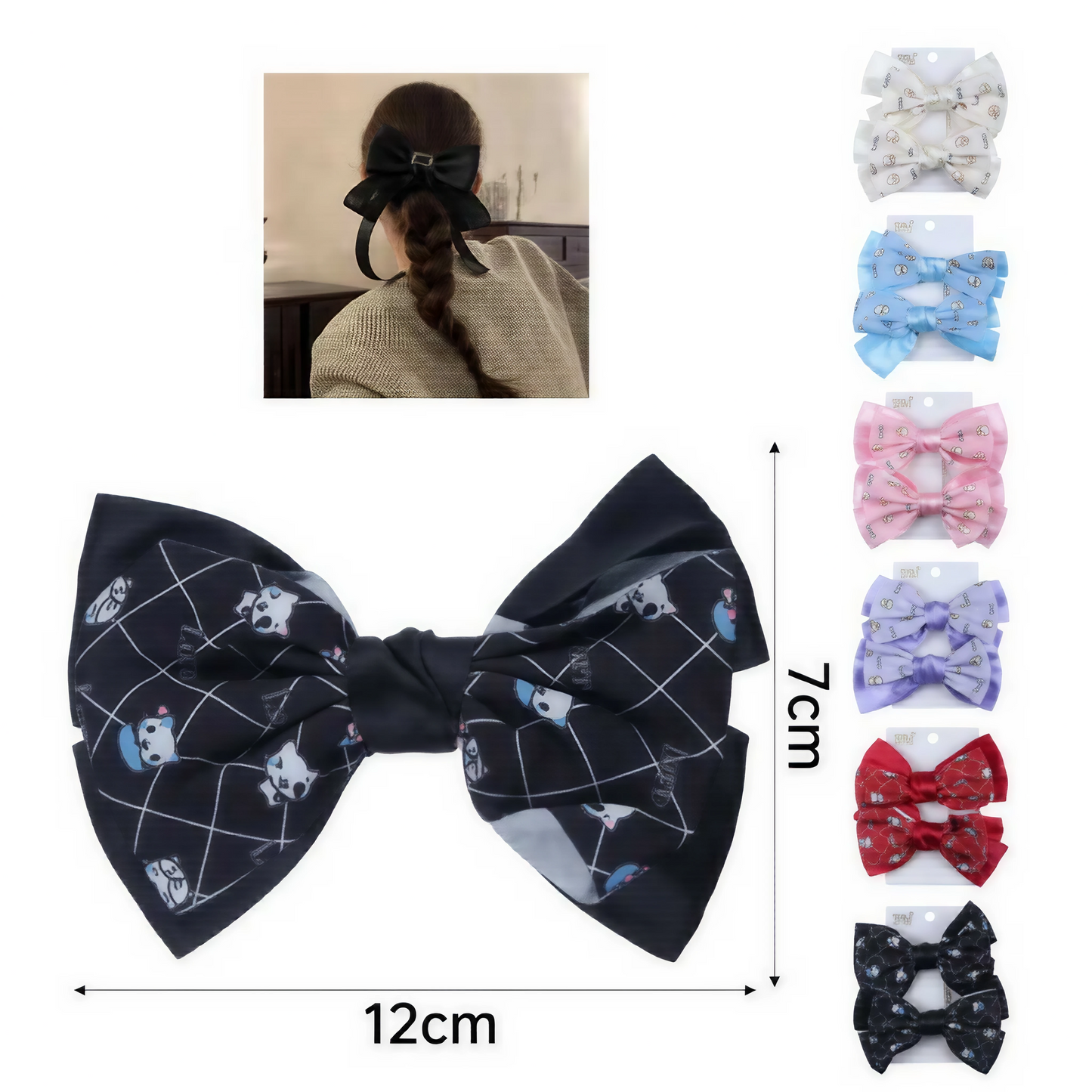 ¡Entendido! Aquí tienes la versión ajustada para reflejar que este modelo también viene en colores variados.  Título para Shopify: Pack de 2 Moños con Diseño Kawaii (Estilo Anime / Colores Variados)