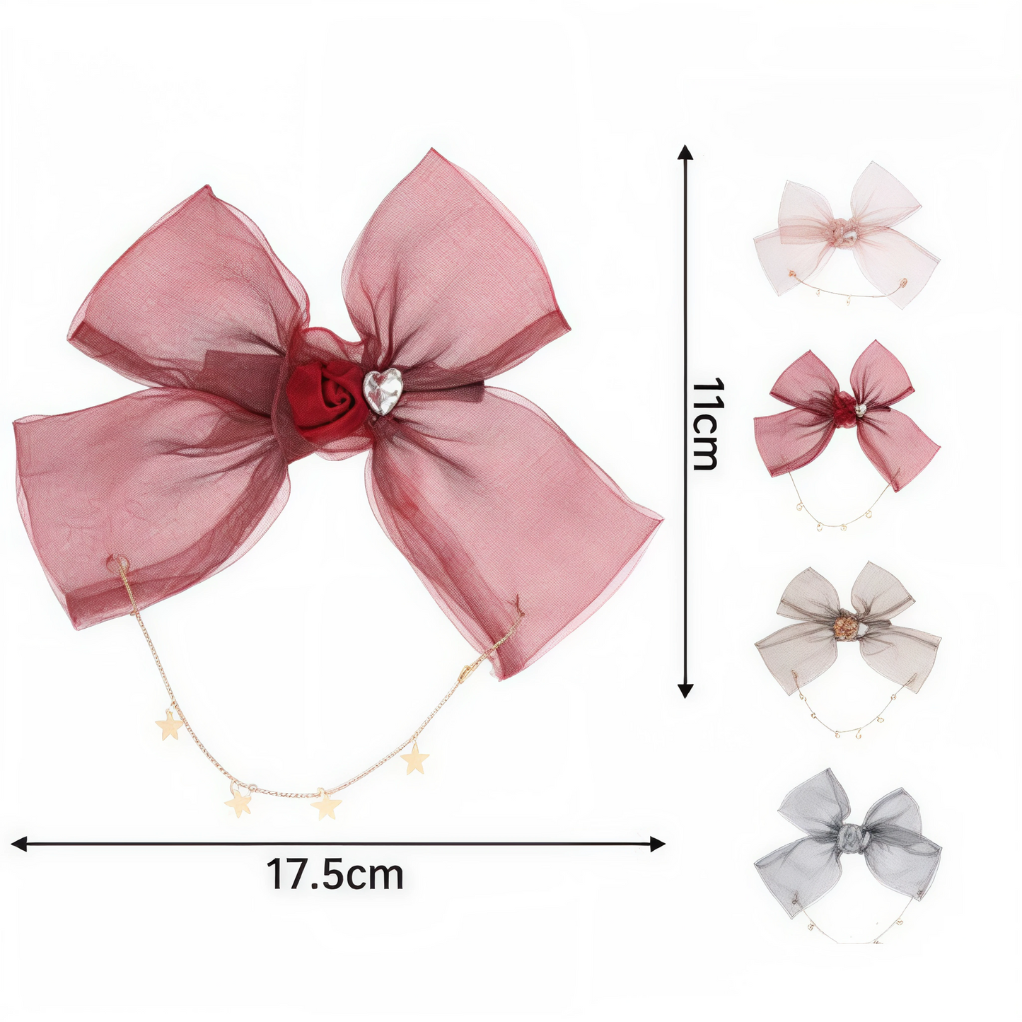 Moño XL de Organza con Cadena y Estrellas | Accesorio para Cabello Colores Variados
