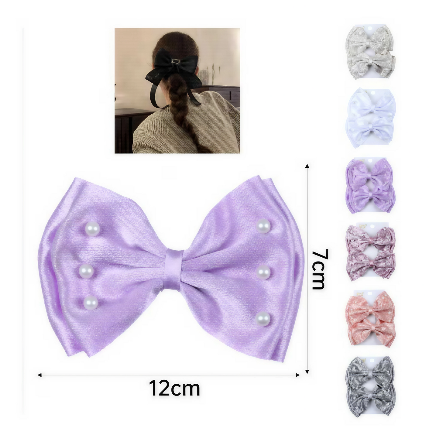 Moño Grande de Satén con Perlas | Lazo de Cabello Elegante Colores Variados