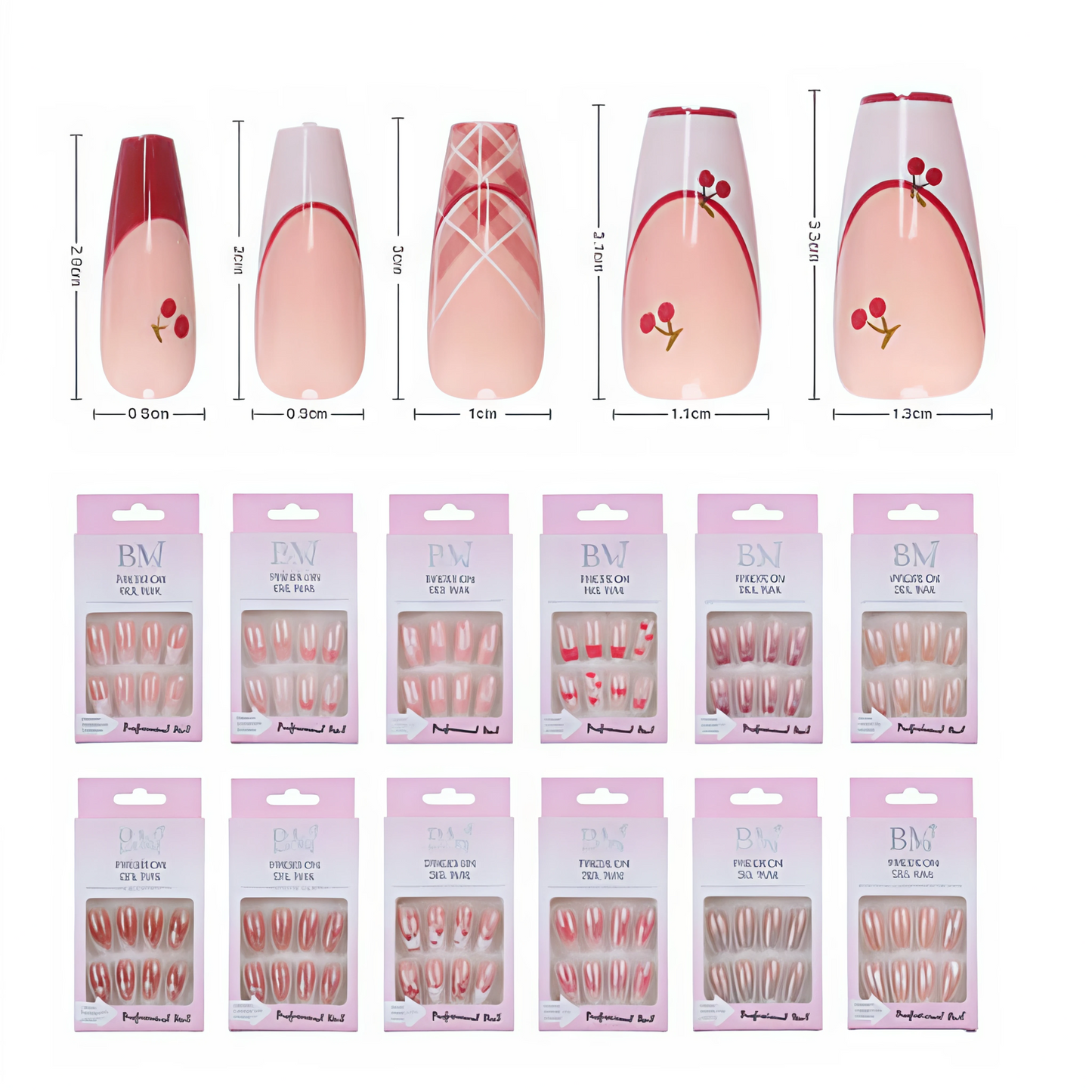 Set de Uñas Postizas Cuadradas con Diseño de Cereza y Estampados Rosados Colores Variados