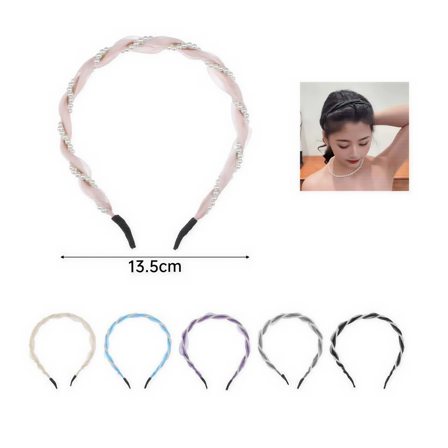 Diadema Trenzada con Perlas | Cintillo Elástico Elegante Colores Variado
